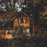 Captivating treehouse nestled among dense forest foliage, showcasing rustic architecture.